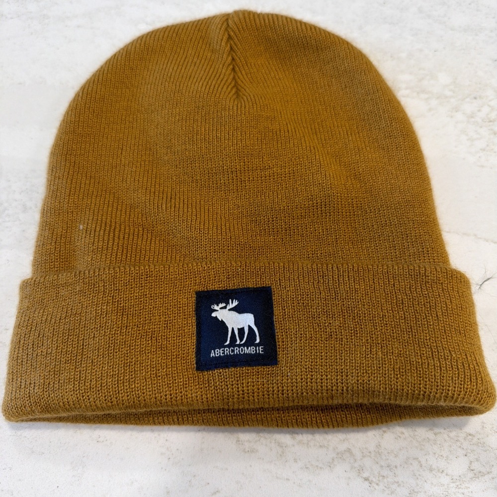 Abercrombie & Fitch Winter Knit Hat Mustard Gold With Moose Logo Beanie One Size